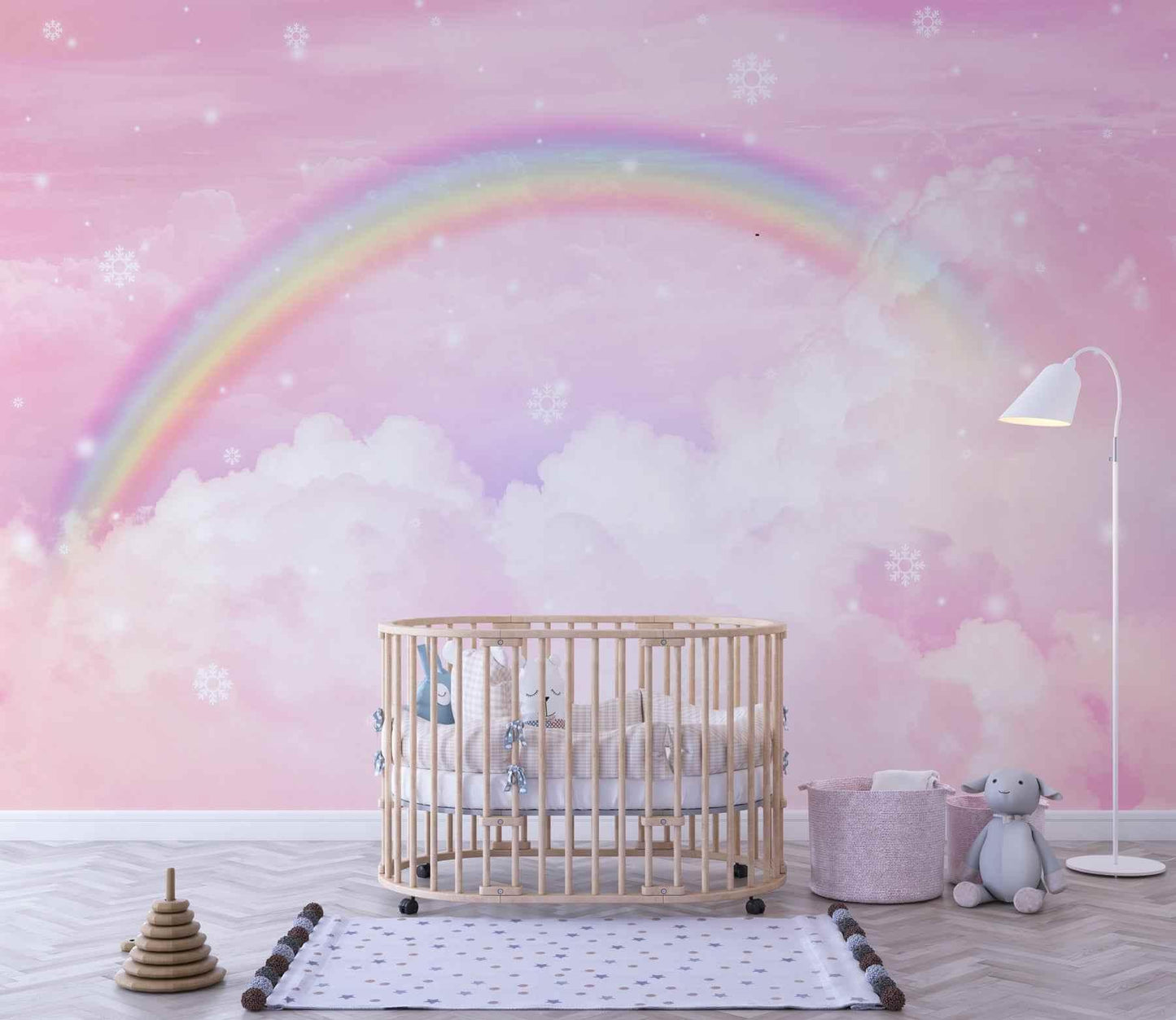 Papier peint arc-en-ciel enfant sur fond rose avec nuages pour chambre de bébé