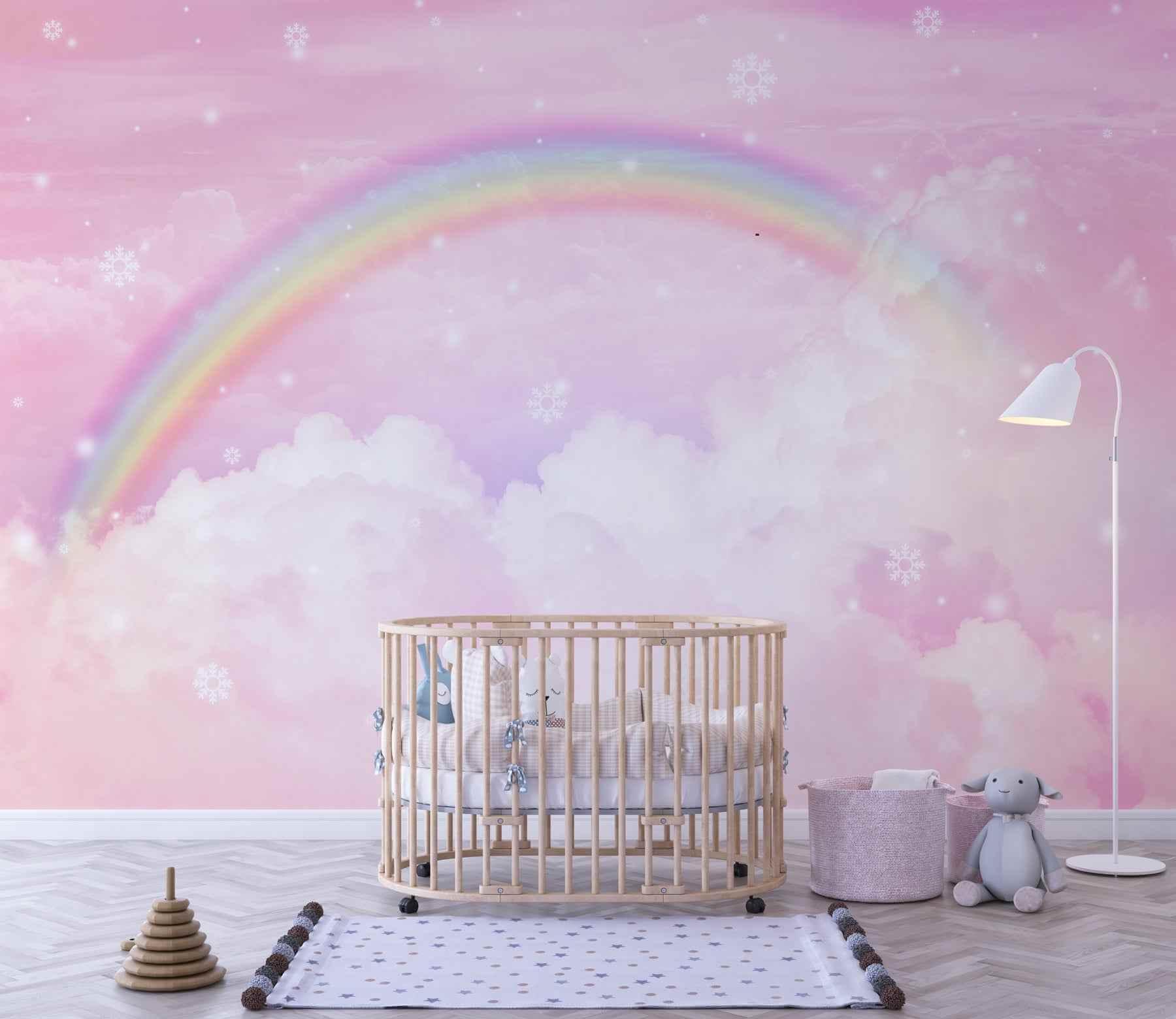 Papier peint arc-en-ciel enfant sur fond rose avec nuages pour chambre de bébé