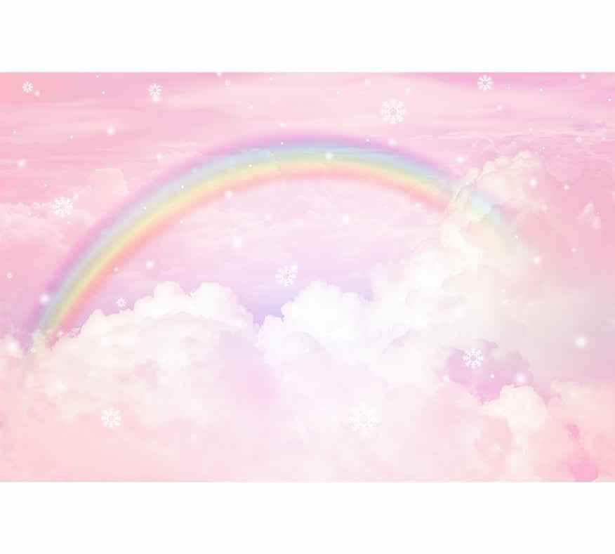 Papier peint enfant avec arc-en-ciel pastel, ciel rose et nuages décoratifs