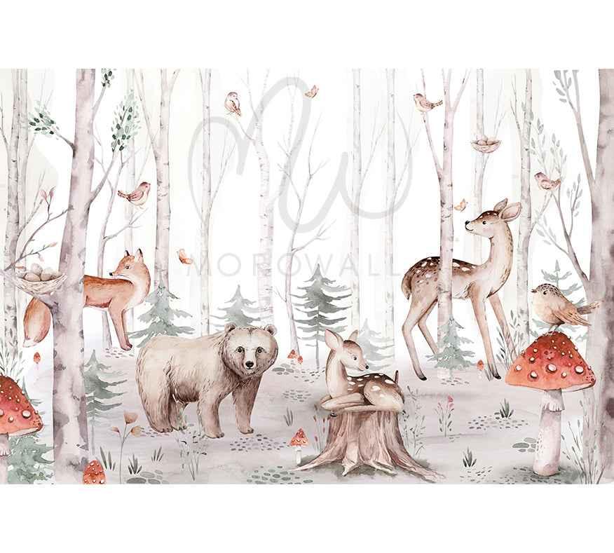 Papier peint enfants animaux forêt, ours, faons, renard, champignons rouges, ambiance nature.