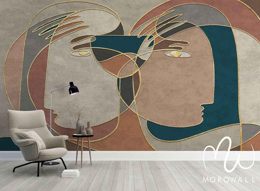Papier peint abstrait visages minimalistes ligne dorée, tons beige, bleu et marron pour salon moderne