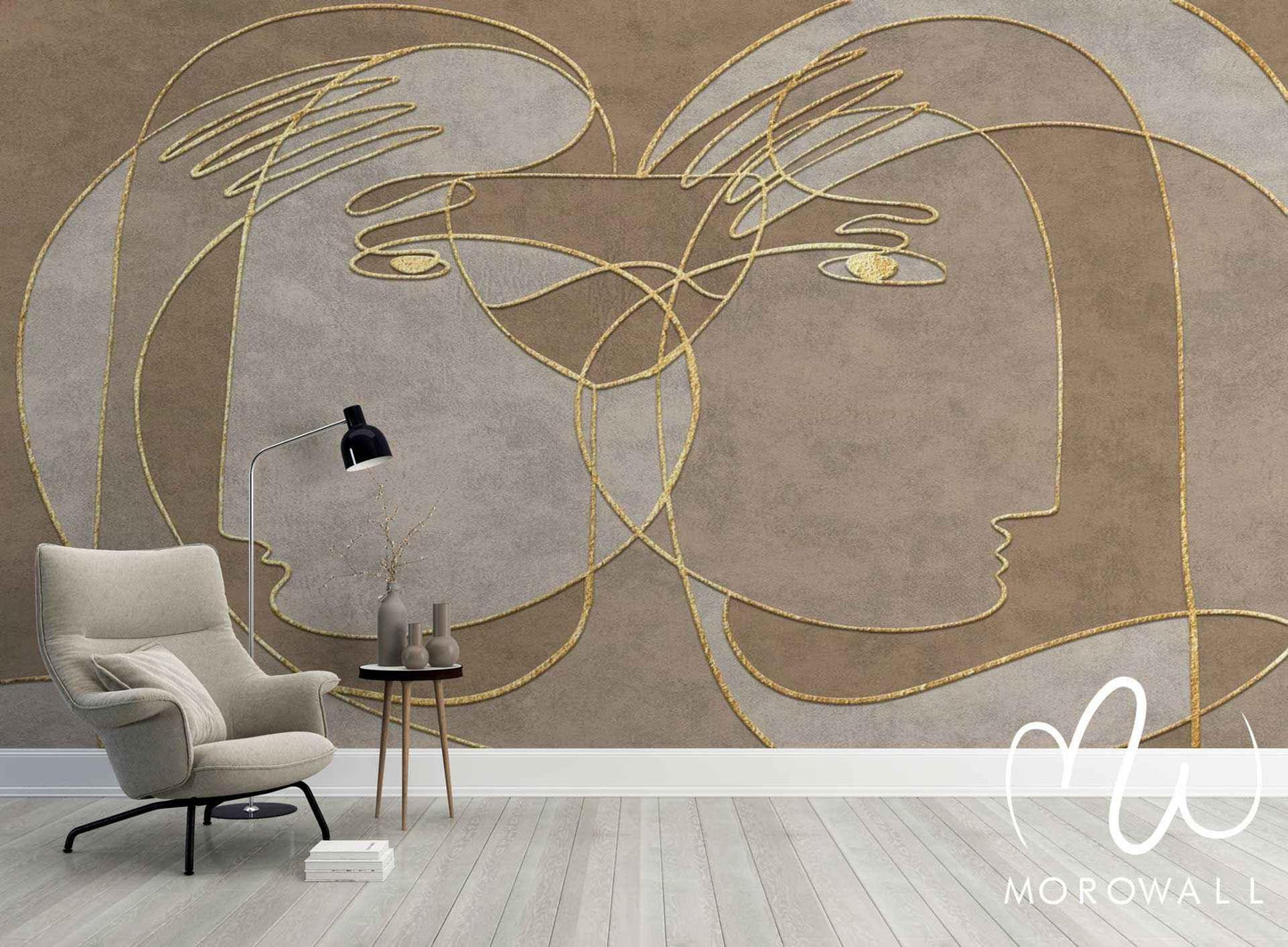 Papier peint design ligne visage doré sur fond beige, salon moderne, décor mural artistique