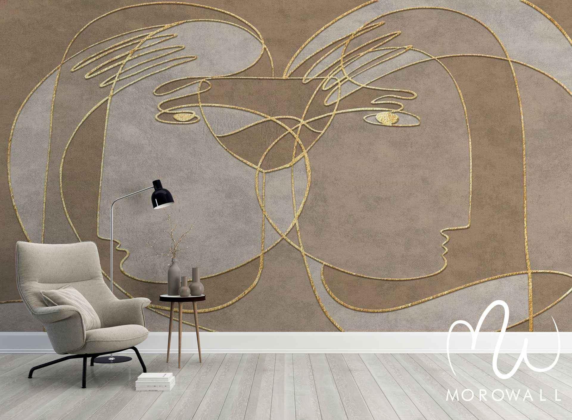 Papier peint design ligne visage doré sur fond beige, salon moderne, décor mural artistique