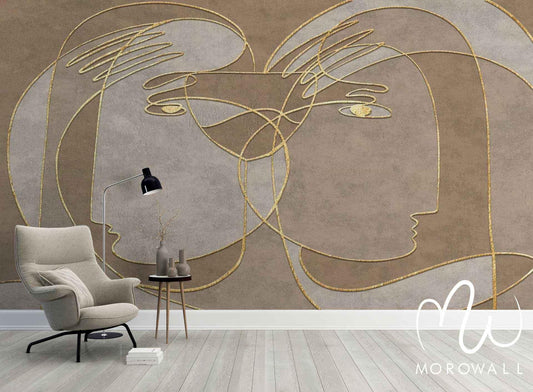 Papier peint design ligne visage doré sur fond beige, salon moderne, décor mural artistique