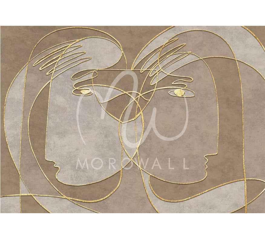 Papier peint design visages minimalistes dorés sur fond beige pour décoration murale élégante