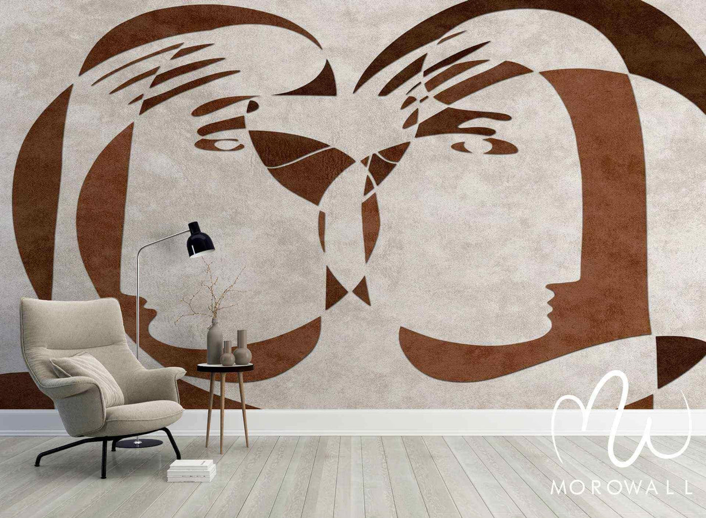 Papier peint design abstrait visages linéaires marron pour décoration salon moderne