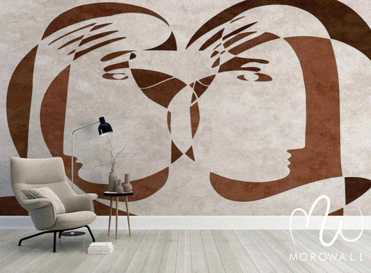 Papier peint design abstrait visages linéaires marron pour décoration salon moderne