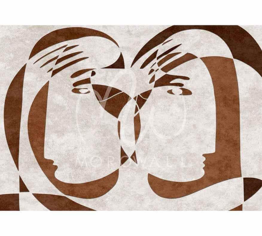 Papier peint moderne motif visages linéaires marron sur fond beige, design artistique mural.