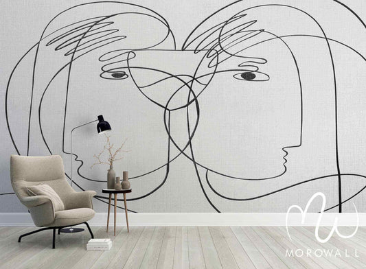 Papier peint design moderne visage linéaire, décor mural salon élégant, couleurs neutres