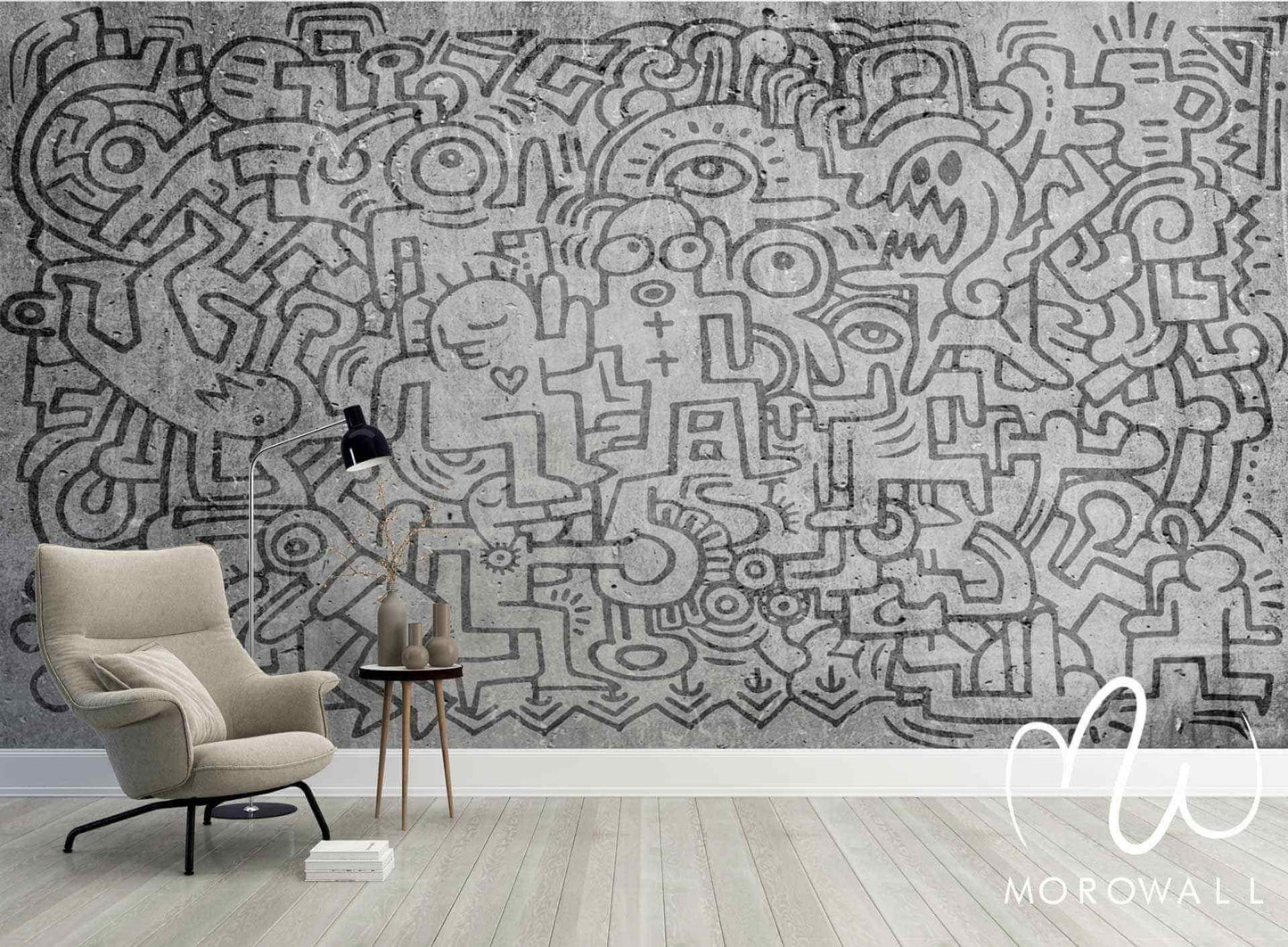 Papier peint mural gris style graffiti lignes abstraites, fauteuil moderne et déco minimaliste.