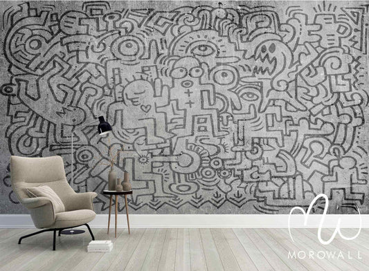 Papier peint mural gris style graffiti lignes abstraites, fauteuil moderne et déco minimaliste.