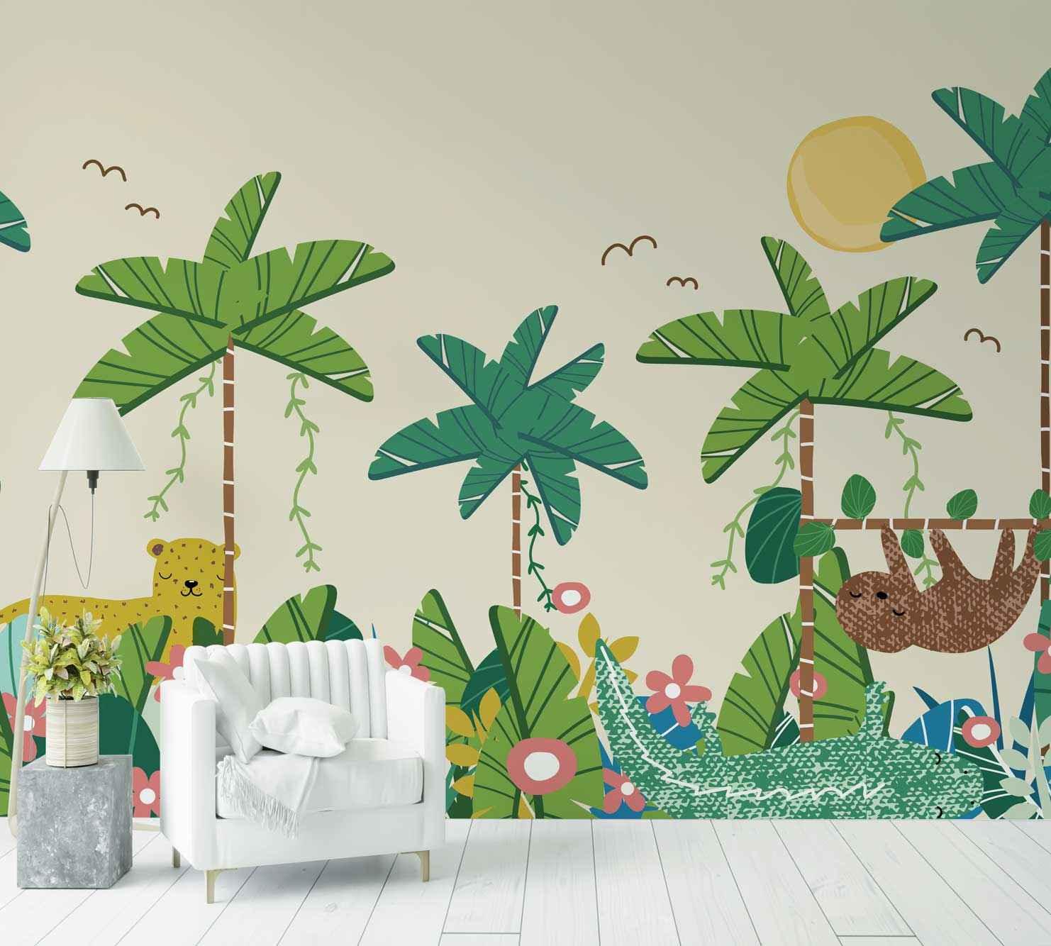 Papier peint jungle japonaise pour chambre, motif animaux tropicaux et palmiers décoratifs.