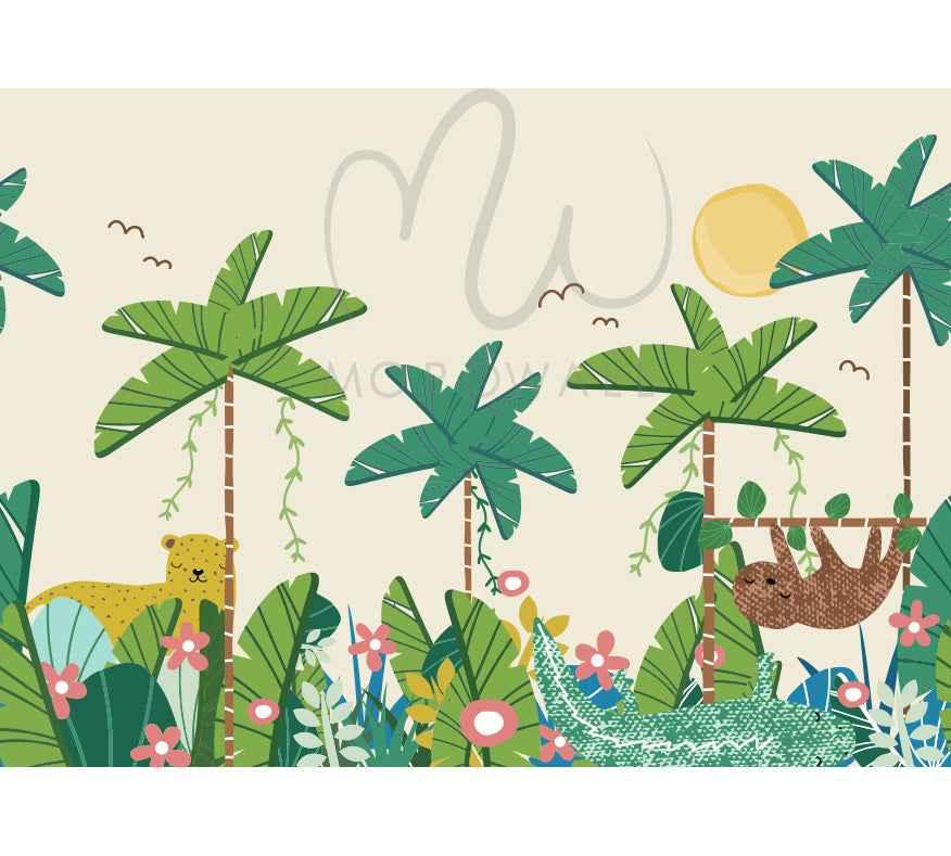 Papier peint jungle japonaise avec feuillage tropical, paresseux, léopard, crocodile et fleurs colorées