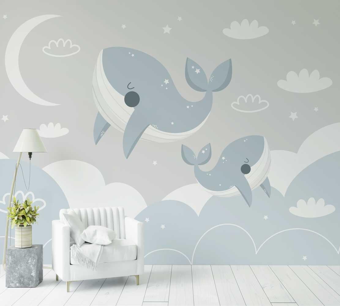 Papier peint chambre enfant avec baleines bleues, nuages, lune et étoiles décoratives