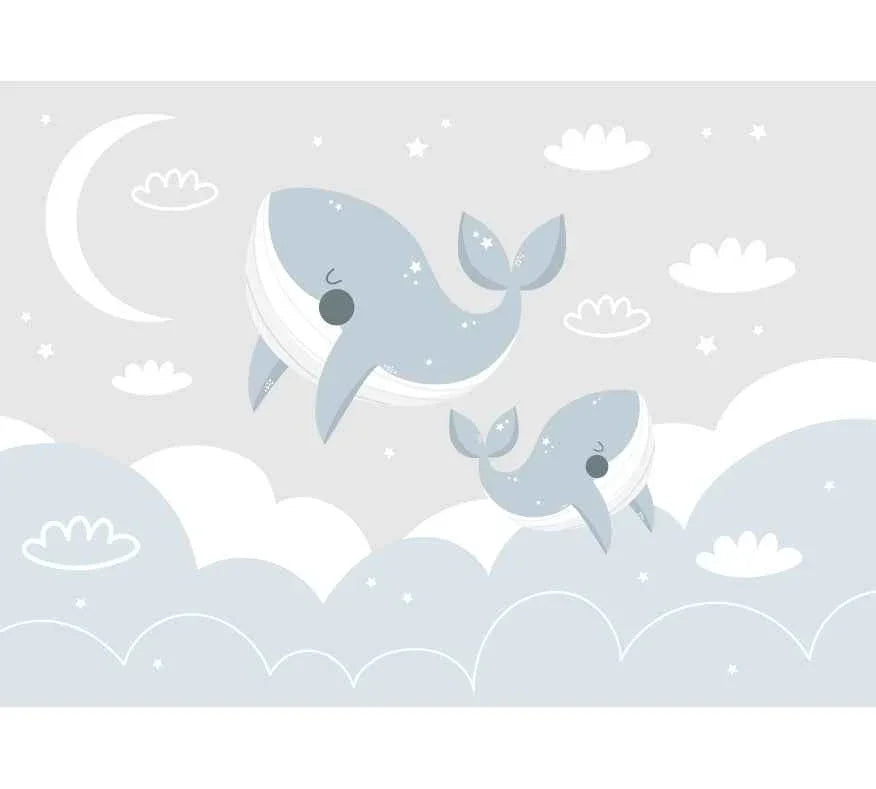 Papier peint baleines bleues ciel étoilé nuages lune, déco murale chambre enfant