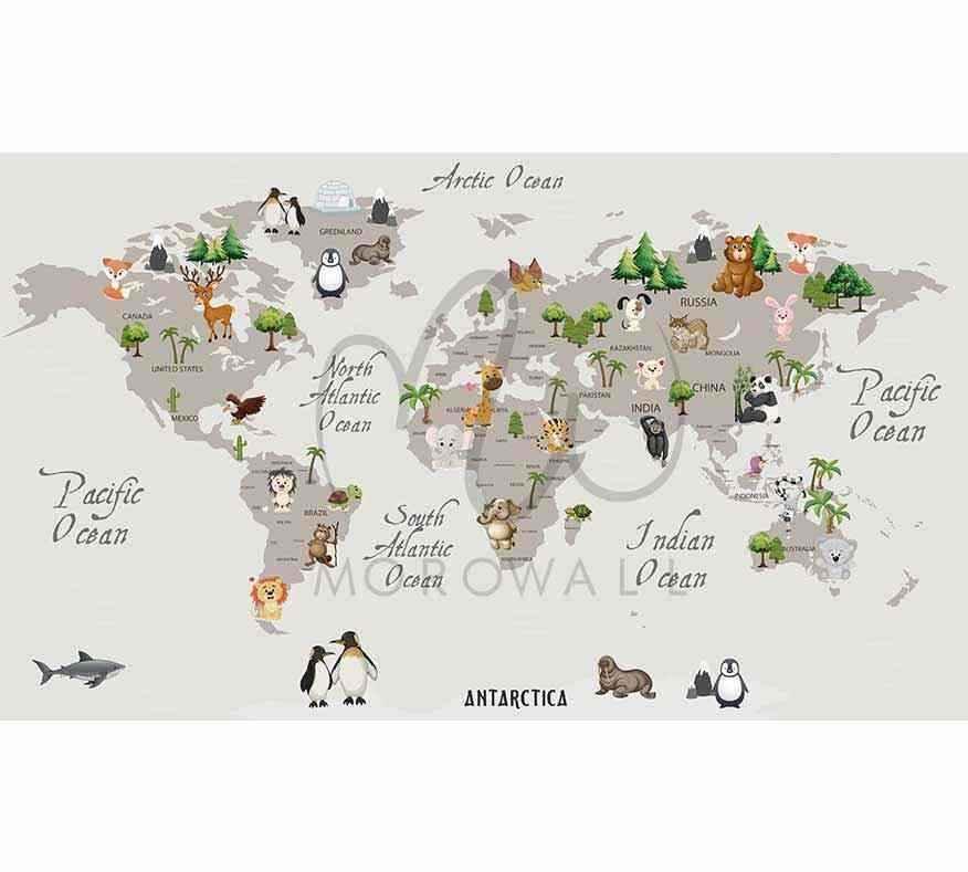 Papier peint carte du monde décorative avec animaux mignons pour chambre d’enfant, style ludique.