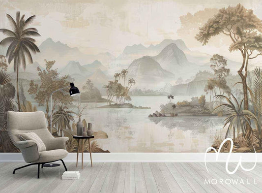 Papier peint panoramique beige avec paysage exotique, palmiers et montagnes, décor salon