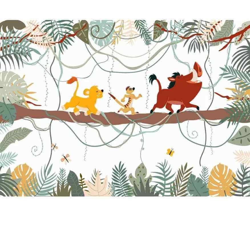 Papier peint jungle enfants avec lionceau, suricate et phacochère sur une branche, feuillage coloré