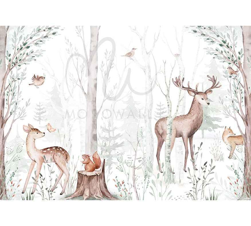 Papier peint forêt enfants avec cerf, faon, écureuils, oiseaux et renard, décor nature.