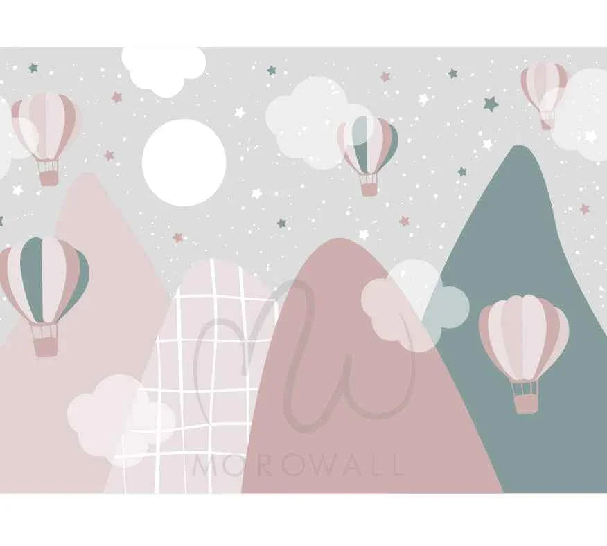 Papier peint montagne rose décoratif avec montgolfières, nuages et étoiles pour chambre enfant