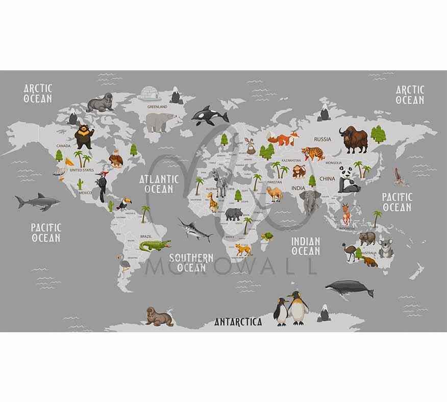 Papier peint carte du monde enfants avec animaux illustrés, décor mural éducatif pour chambre