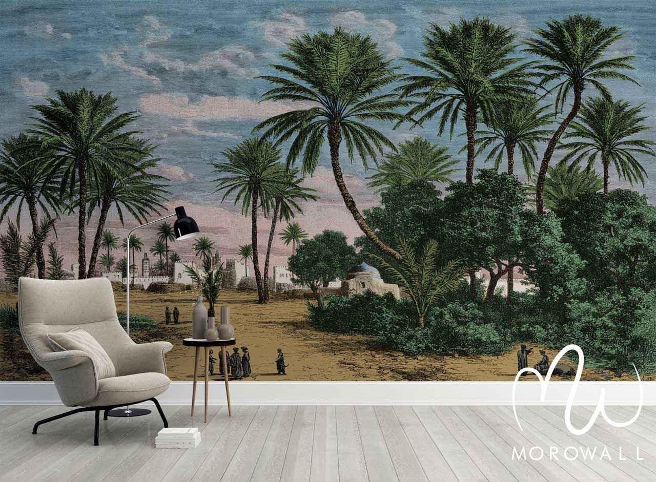 Papier peint panoramique oasis avec palmiers, village et ciel pastel pour décoration murale