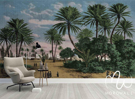 Papier peint panoramique oasis avec palmiers, village et ciel pastel pour décoration murale