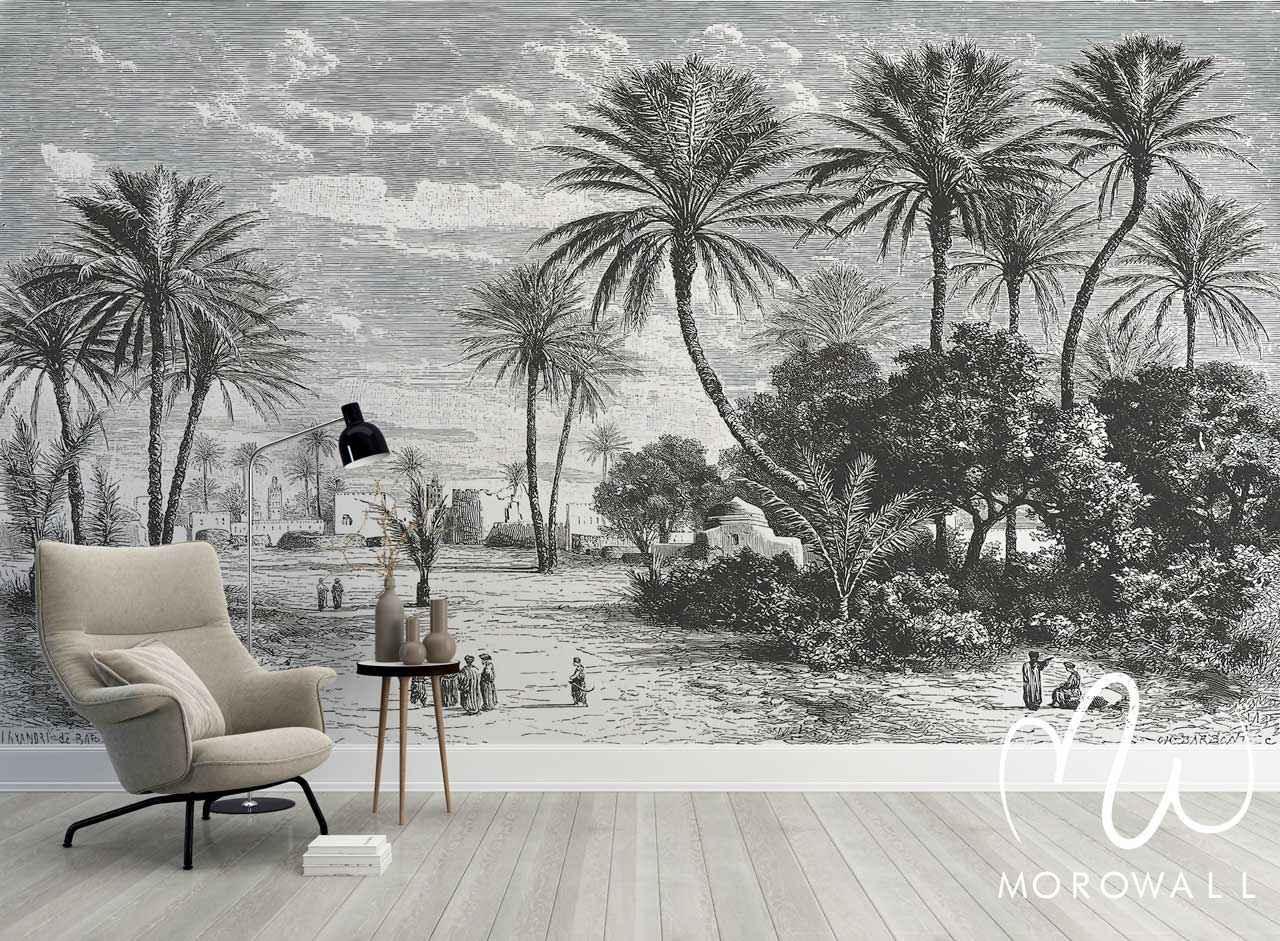 Papier peint panoramique oasis de palmier noir et blanc avec paysage marocain pour salon.