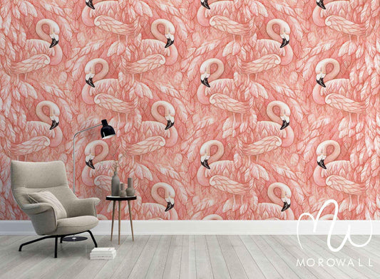 Papier peint flamant rose motif tropical, salon moderne, décoration murale tendance