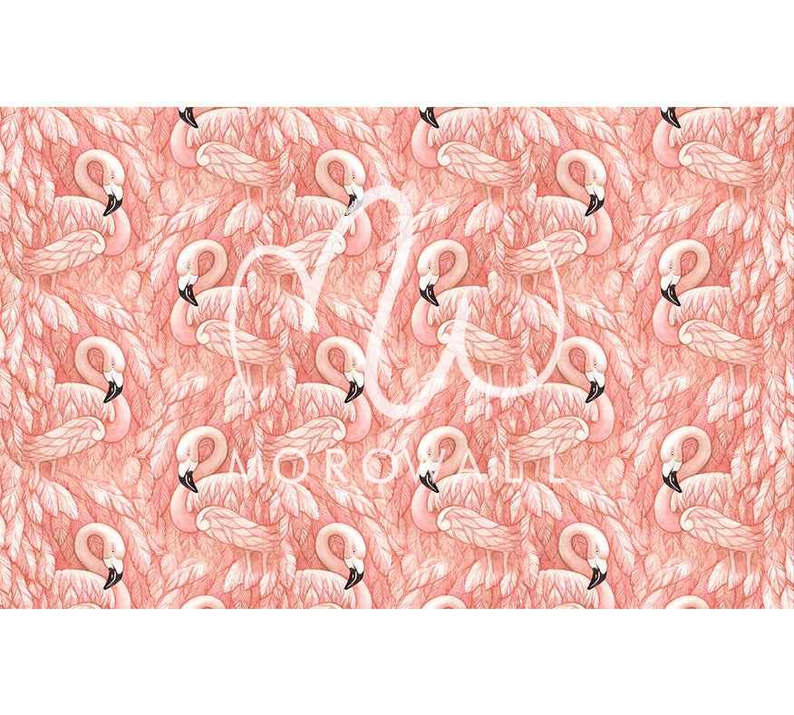 Papier peint motif flamant rose, fond feuillage rose décoratif ambiance tropicale