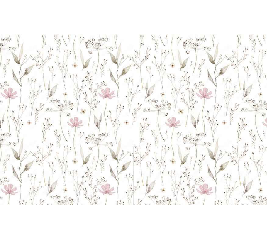 Papier peint motif floral délicat avec fleurs roses et feuillage vert sur fond blanc