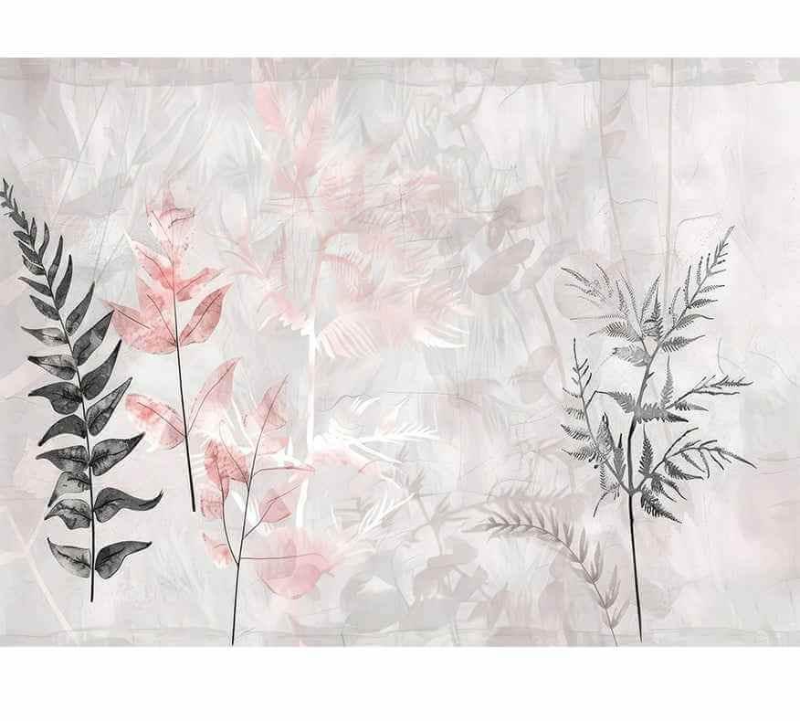 Papier peint motif feuilles roses et grises, décoration murale moderne et élégante.
