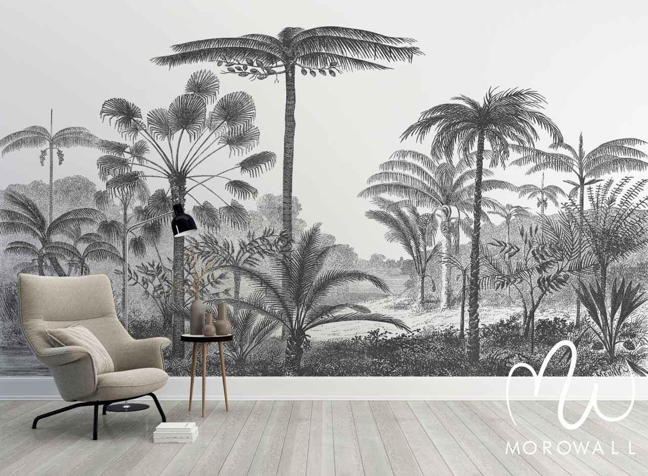 Papier peint vintage avec palmiers en noir et blanc, décoration murale salon moderne