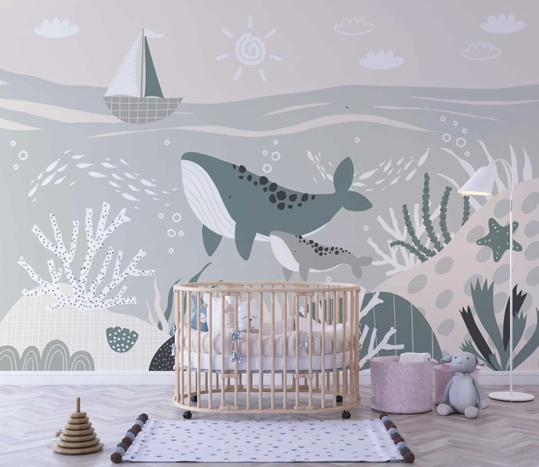 Papier peint baleine bleue océan pour chambre bébé, décor mural marin, coraux et bateau.