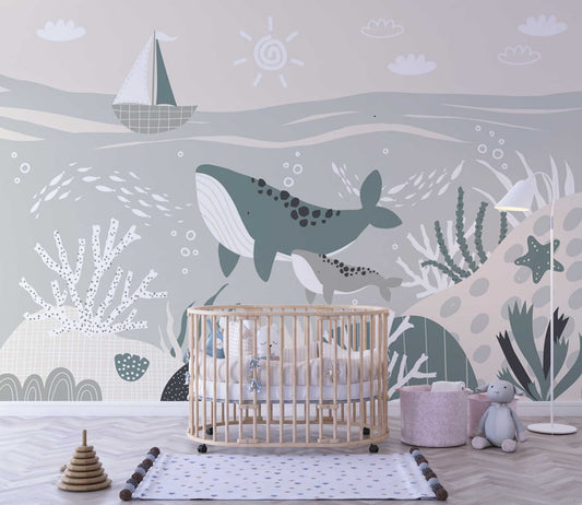 Papier Peint baleine bleue de l'océan - Morowall