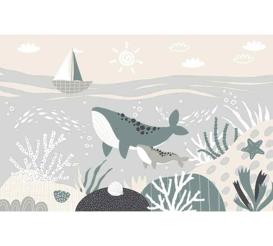 Papier peint décoratif baleine bleue et coraux, style océan, pour chambre d'enfant