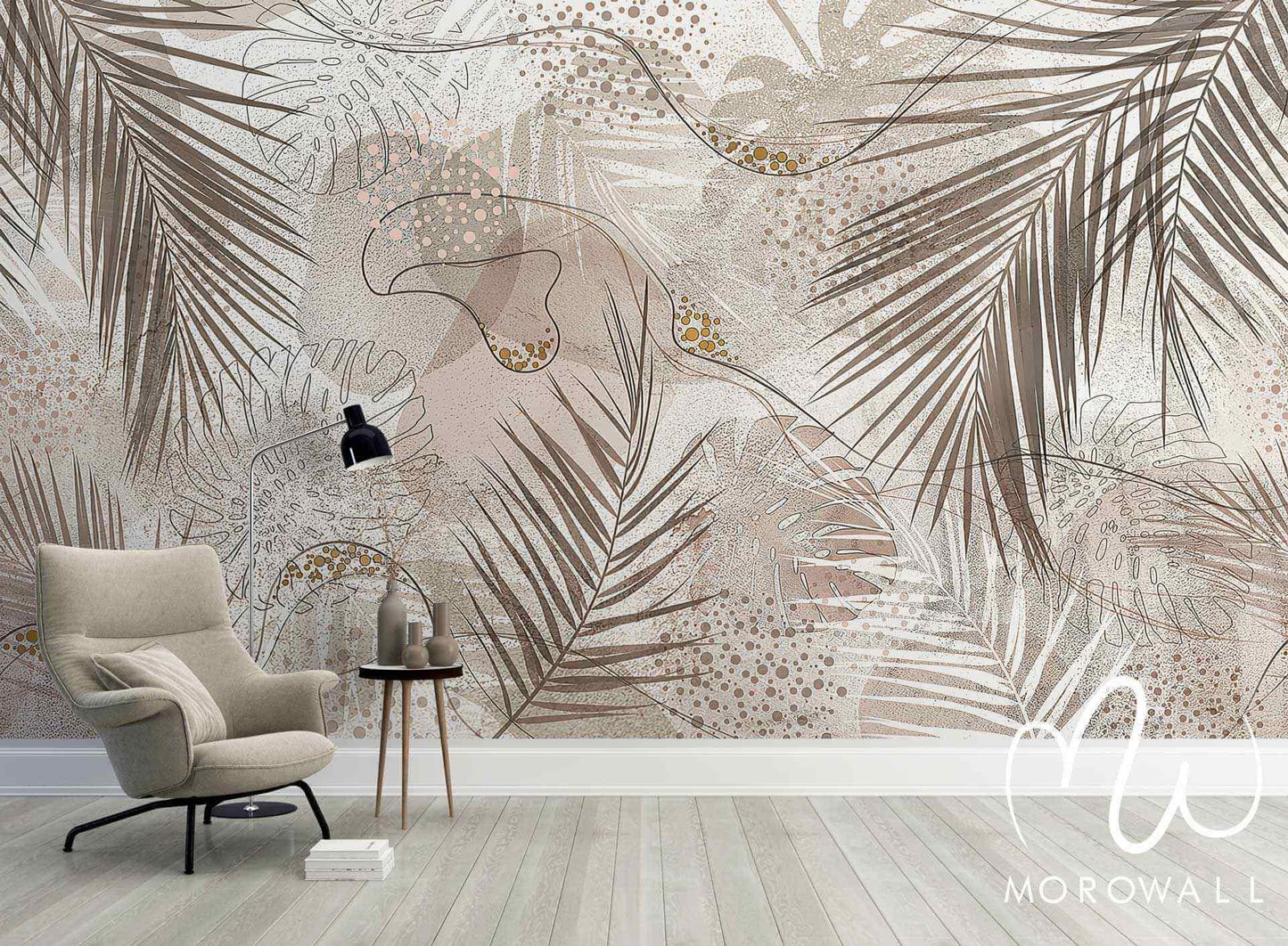 Papier peint design abstrait marron avec motifs feuilles palmier pour décoration murale salon