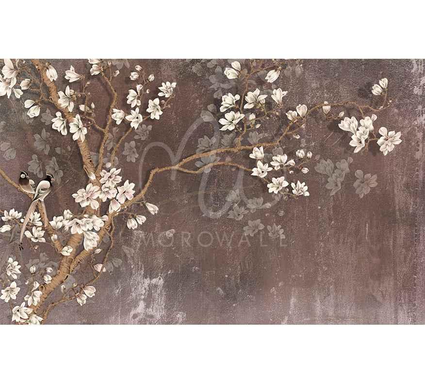 Papier peint floral marron avec branches de fleurs blanches et oiseaux décoratifs, design mural élégant