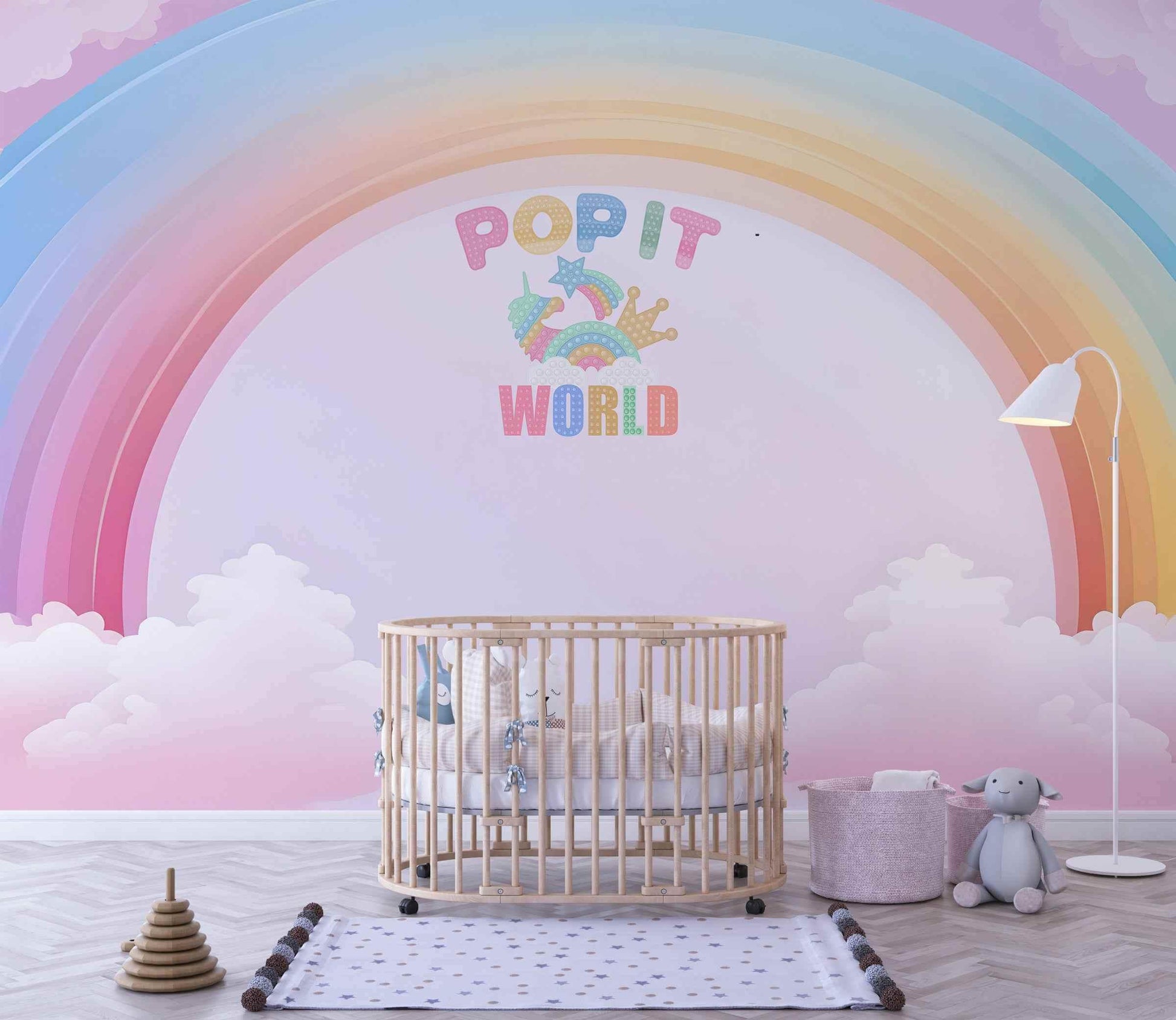 Papier peint enfant arc-en-ciel pastel POP IT WORLD dans une chambre de bébé décorée