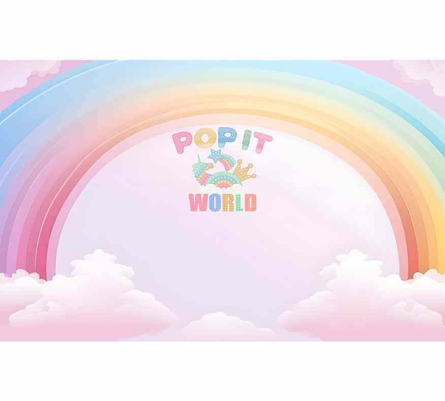 Papier peint enfant arc-en-ciel pastel, nuages et inscription Pop It World, décor chambre