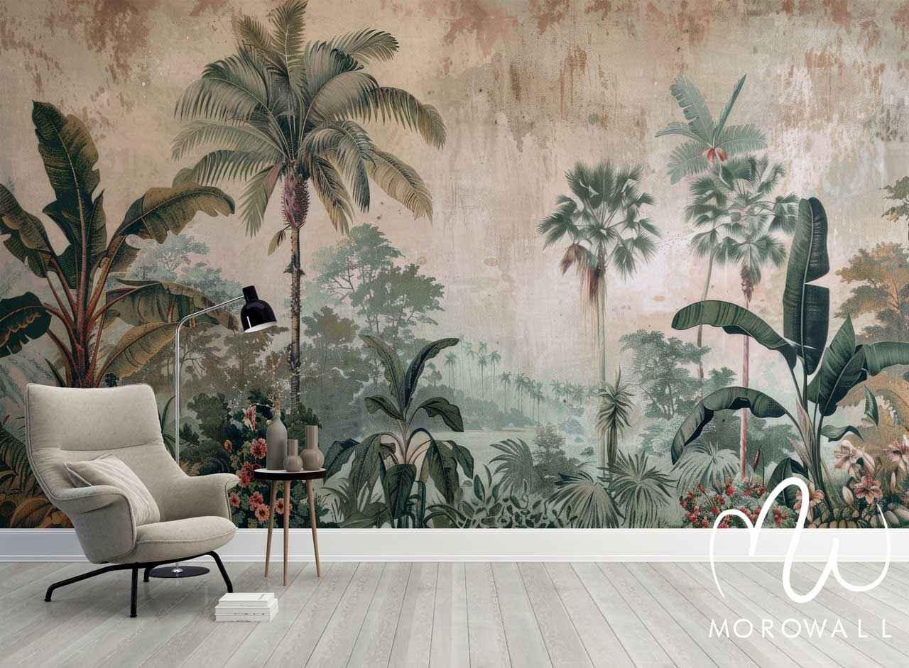 Papier peint exotique avec palmiers, feuillage tropical et décor de salon moderne