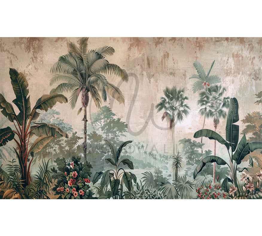 Papier peint exotique avec palmiers, plantes tropicales et fleurs colorées, style jungle