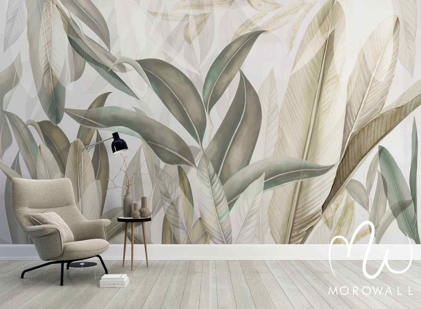 Papier peint feuillage vert et beige design pour salon moderne, fond botanique tendance