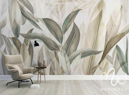 Papier Peint green and beige Leaves - Morowall