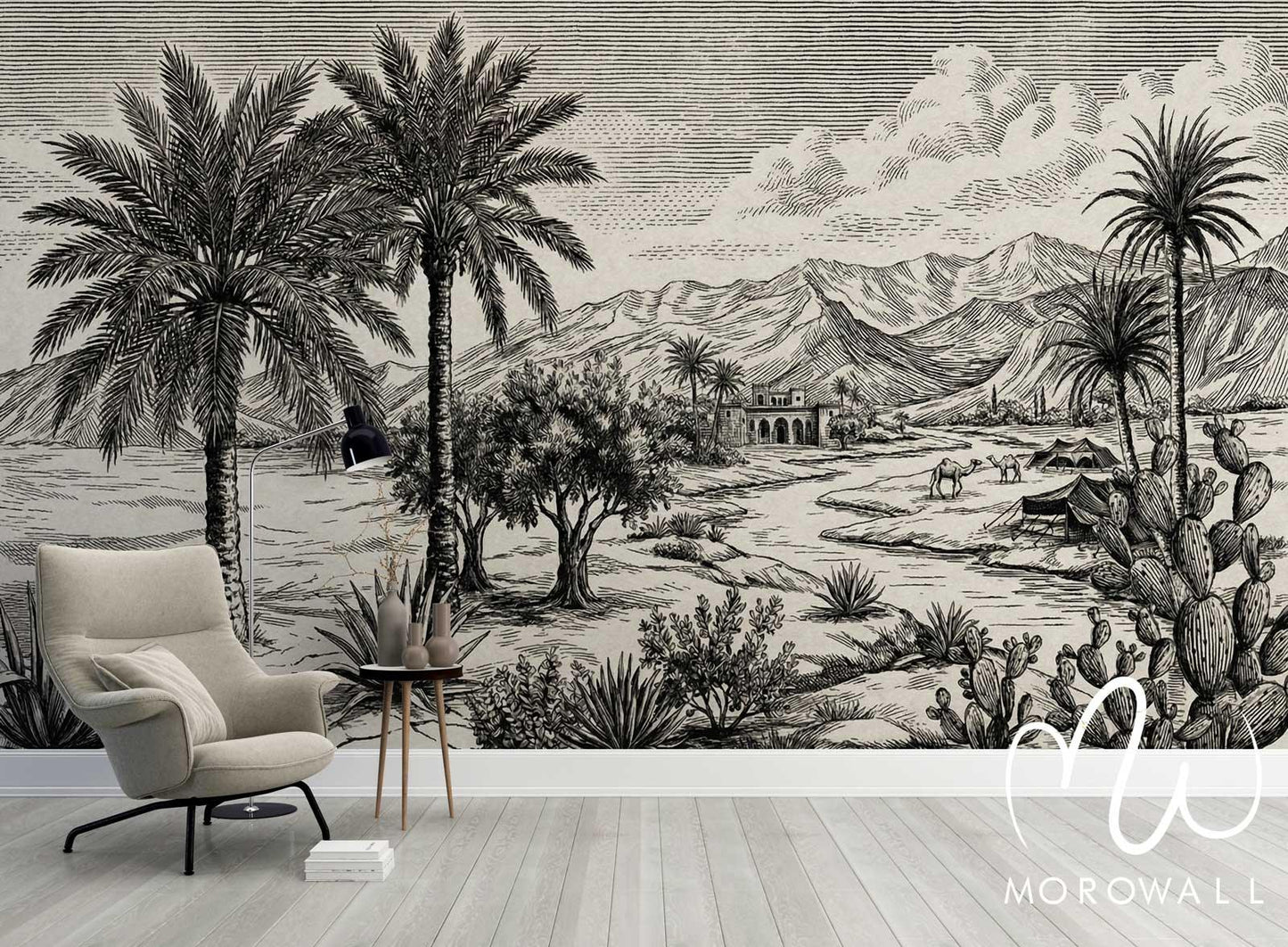 Papier peint noir et blanc décoratif avec oasis, palmiers, montagnes et tentes marocaines