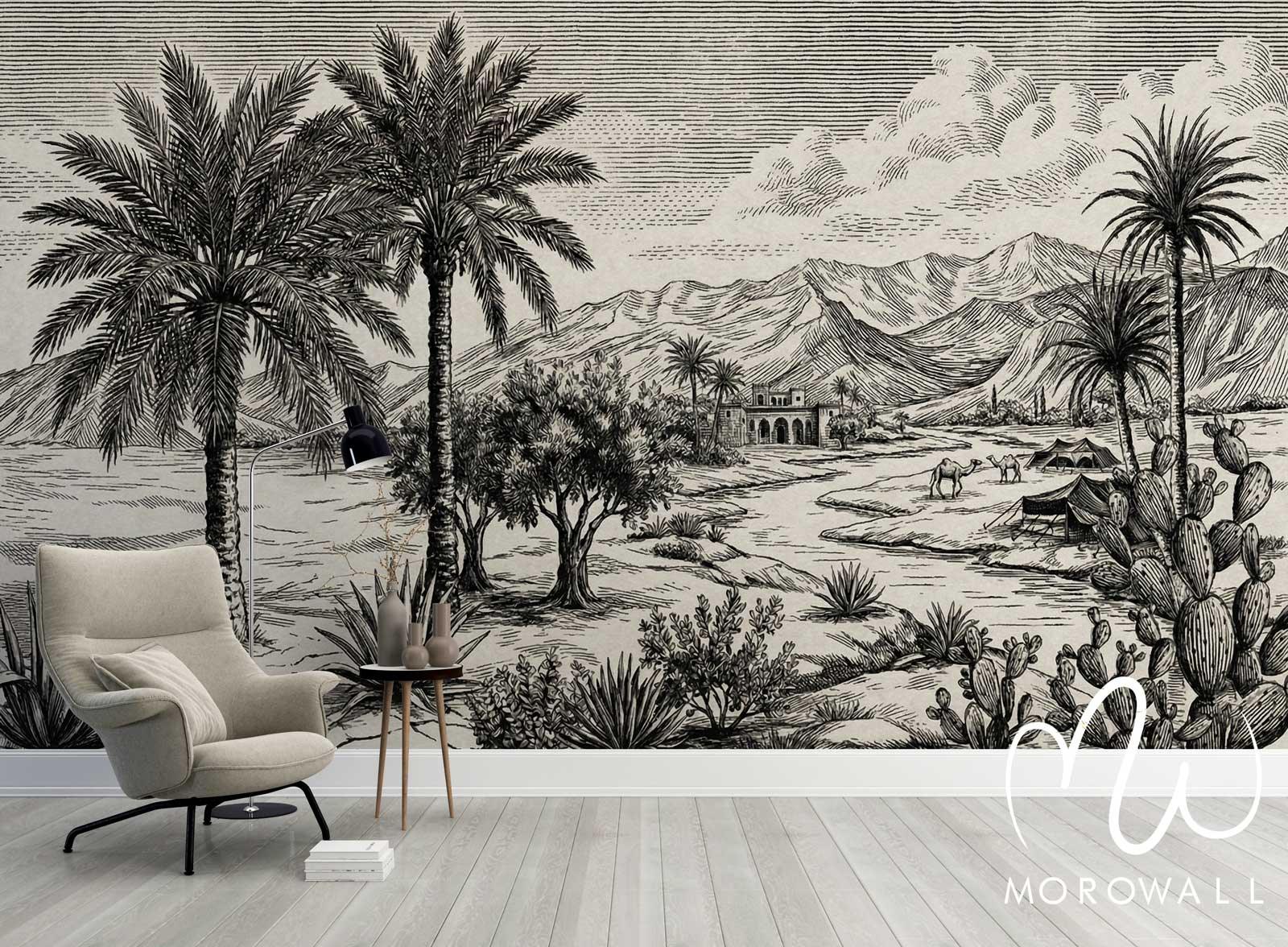 Papier peint noir et blanc décoratif avec oasis, palmiers, montagnes et tentes marocaines