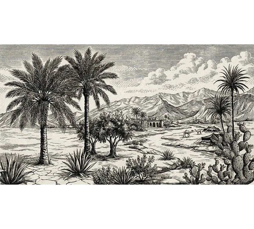 Papier peint panoramique noir et blanc paysage oasis avec palmiers, cactus, montagnes et tentes marocaines