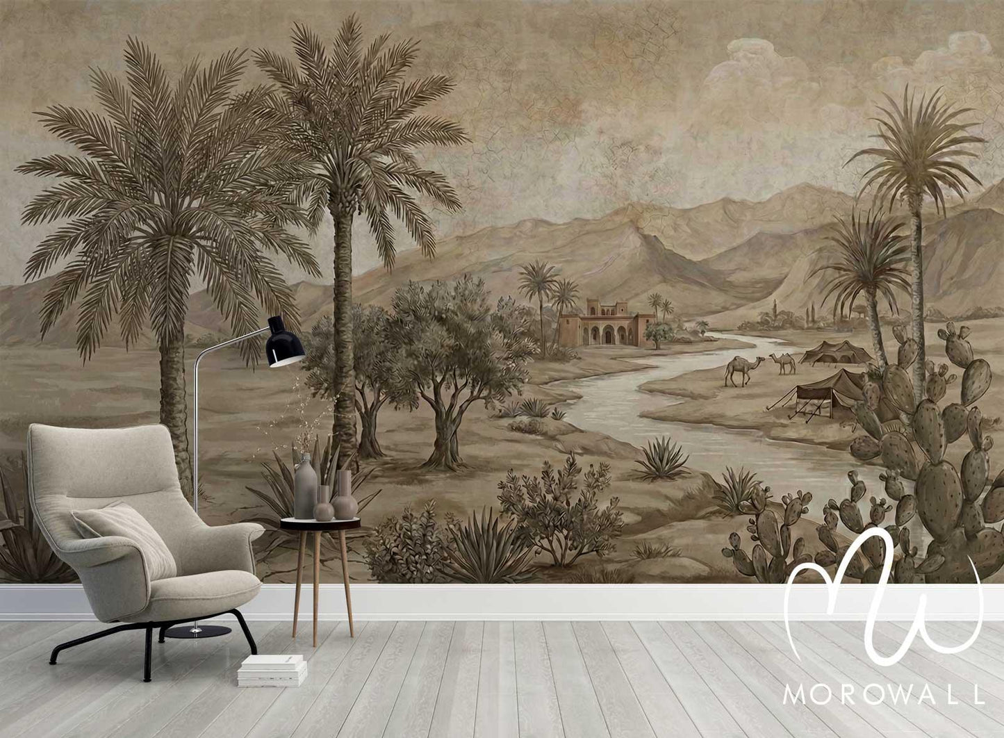 Papier peint panoramique oasis marocain avec palmiers, rivière, montagnes et tentes berbères