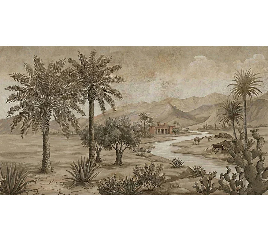Papier peint décoratif oasis désertique avec palmiers, montagnes, tentes et chameaux, style marocain
