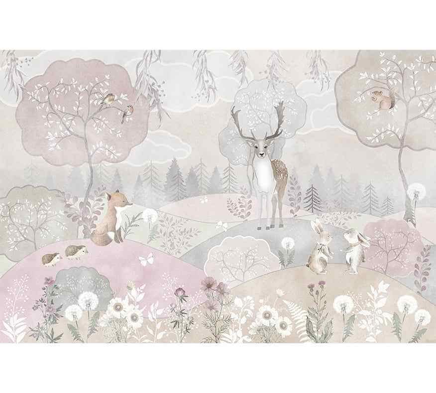 Papier peint forêt rose et gris avec cerf, renard, lapins et fleurs pour chambre enfant
